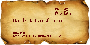 Hanák Benjámin névjegykártya